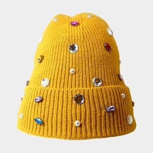 Mustard Pearl Crystal Style Winter Beanie Hat Fleece Statement Fashion Accessory